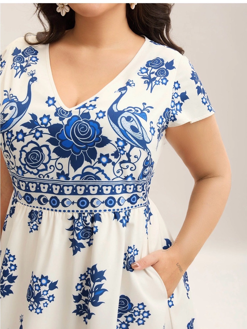BloomChic BOHO White Midi Dress with Blue Floral & Peacock Print